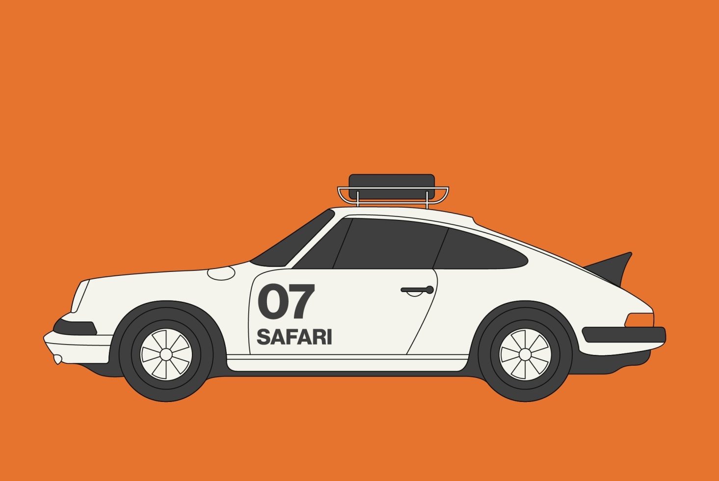 Side view of a vintage white race car with number 07 and Safari branding on an orange background, ideal for graphics and vehicle mockups.