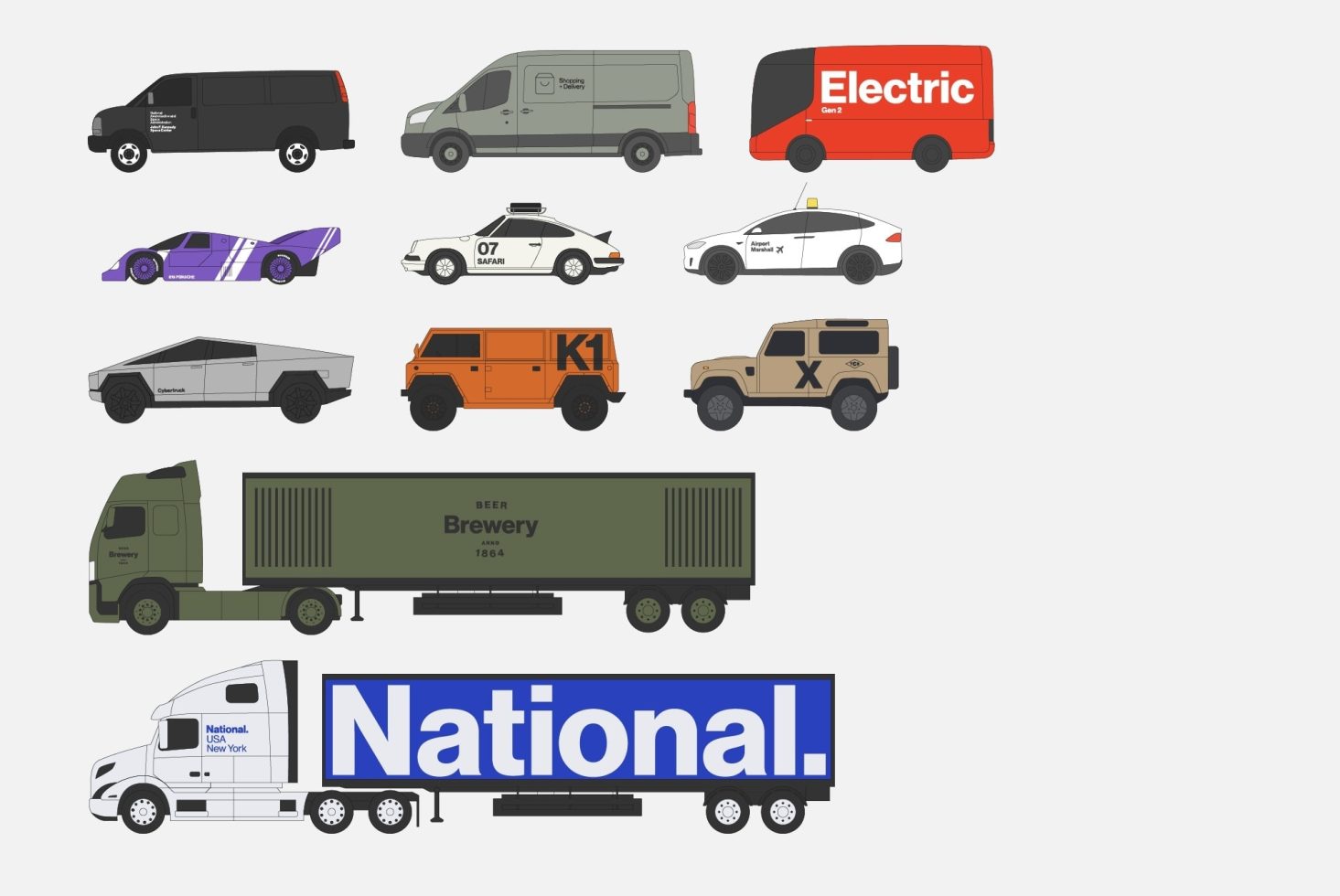 Vector set of various vehicles including delivery vans, sports car, trucks, electric bus, and off-road vehicle for graphics and templates.