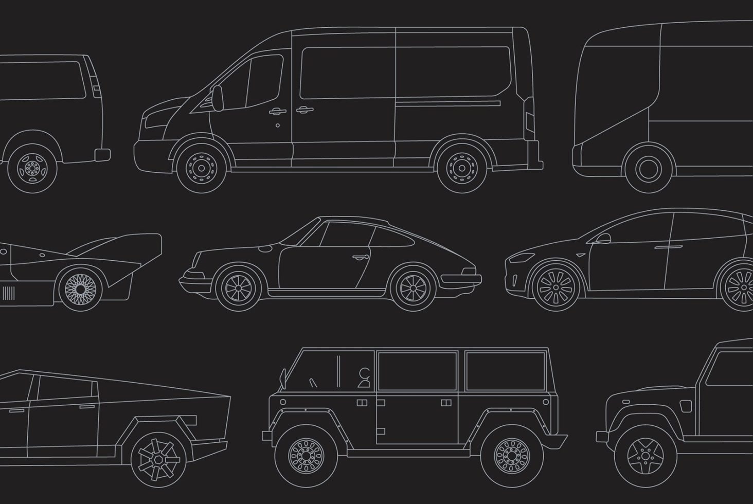 Vector outline illustrations of various car models on a dark background, perfect for graphics in vehicle design mockups and automotive templates.