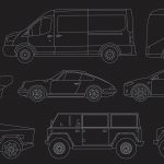 Vector outline illustrations of various car models on a dark background, perfect for graphics in vehicle design mockups and automotive templates.
