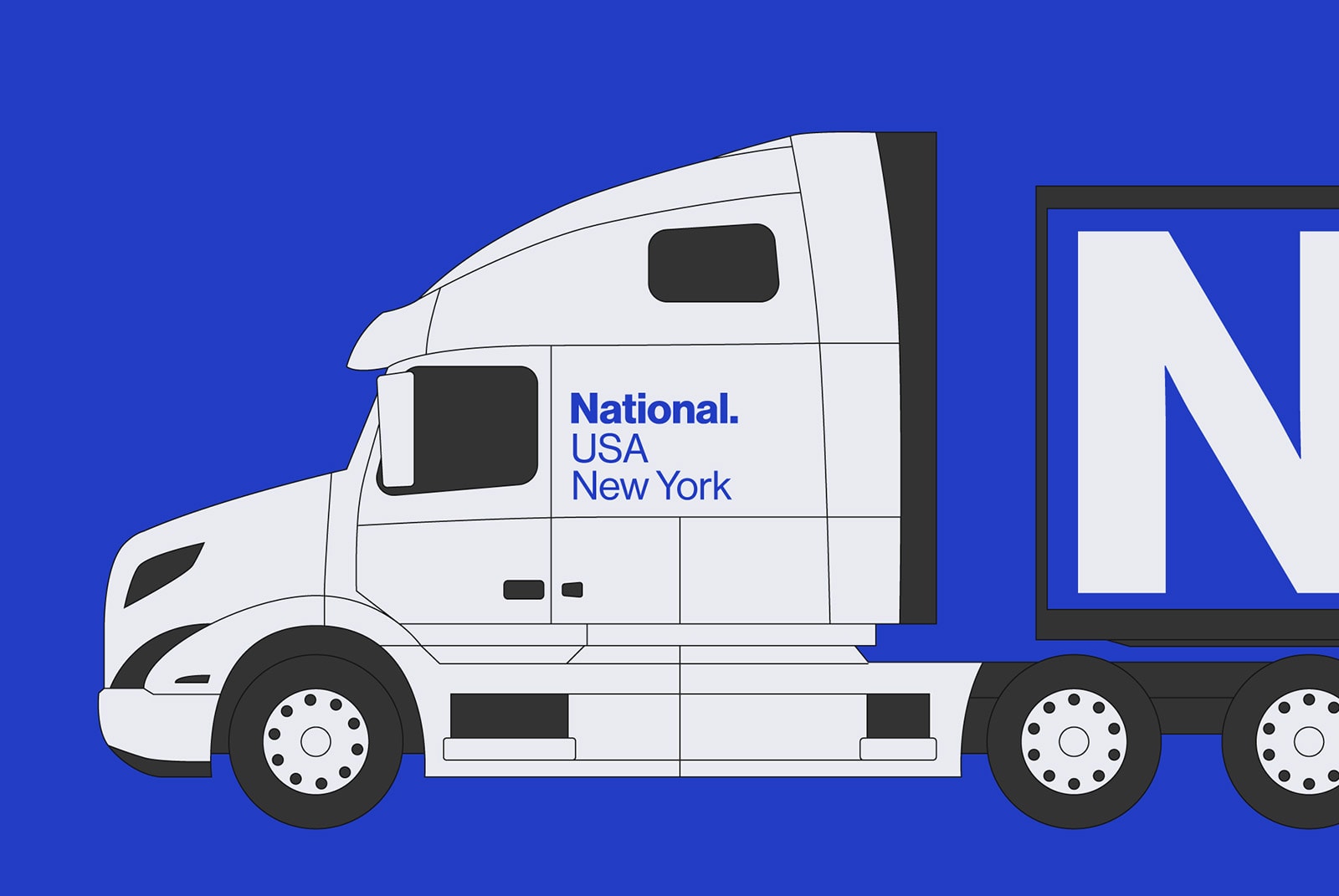 Vector illustration of white semi truck with blue accents and 'National USA New York' text on side, perfect for graphics or mockups.