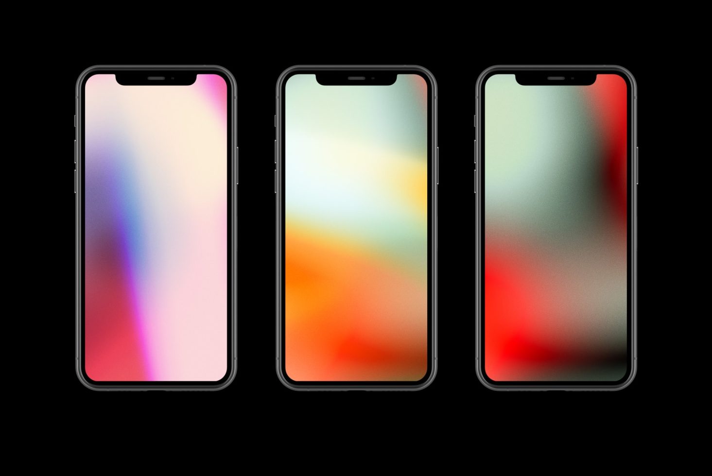 Triple smartphone mockups with colorful gradient wallpapers on a black background, ideal for presenting mobile app designs.