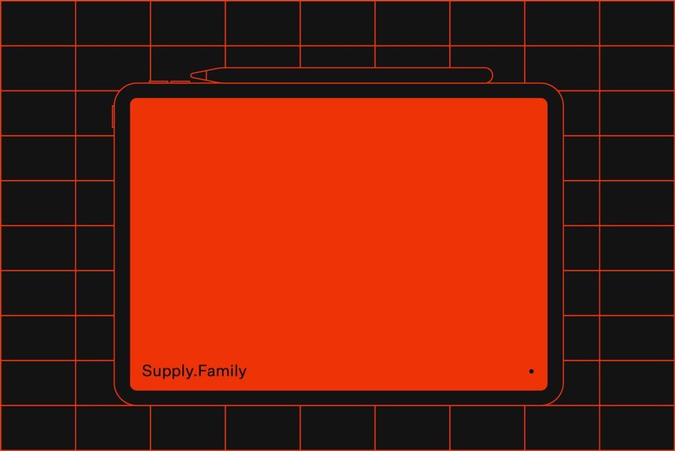iPad mockup with red screen on red grid background, stylus included, minimalist design
