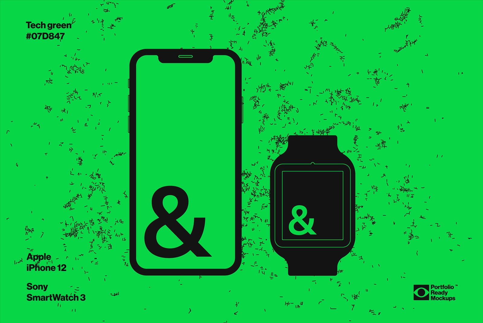 Smartphone and smartwatch mockup on tech green background for showcasing app design, suitable for designers and digital asset marketplace.