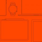 Flat lay digital device outline mockup on orange background suitable for templates category with laptop, tablet, smartwatch, smartphone for designers.