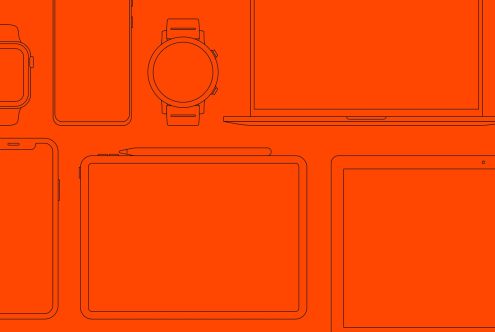 Flat lay digital device outline mockup on orange background suitable for templates category with laptop, tablet, smartwatch, smartphone for designers.