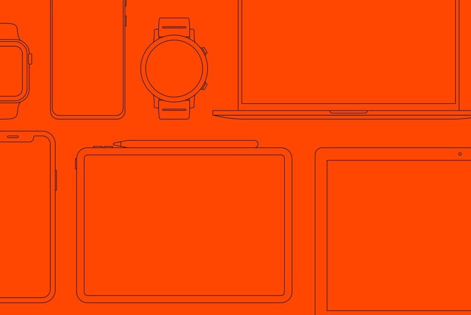 Device wireframes on bright orange background showing smartphone watch laptop tablet