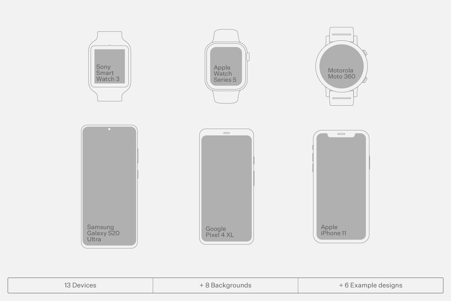 Digital device mockups for designers including smartwatches and smartphones by Sony, Apple, Motorola, Google, and Samsung.