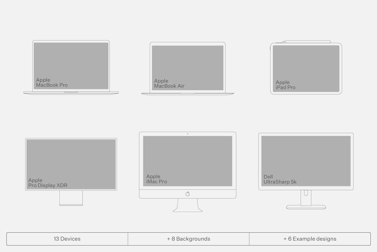 Set of device mockups including MacBook Pro, MacBook Air, iPad Pro, Pro Display XDR, iMac Pro, Dell UltraSharp for design presentations.