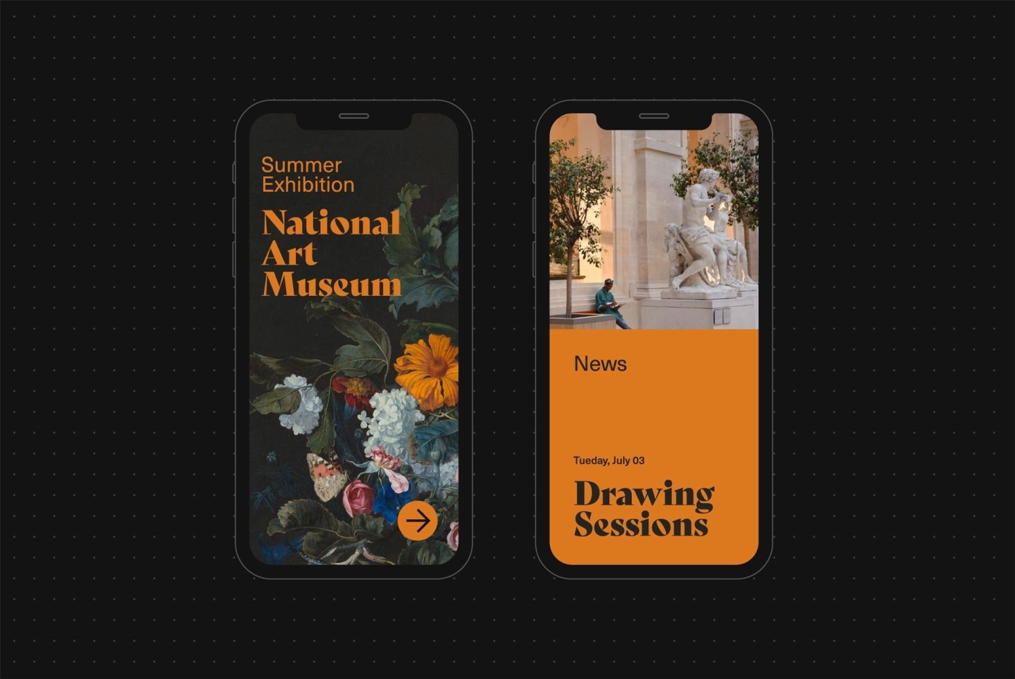 Smartphone mockups with art exhibition and drawing session interfaces for app design, showcasing elegant fonts and minimalist graphics.