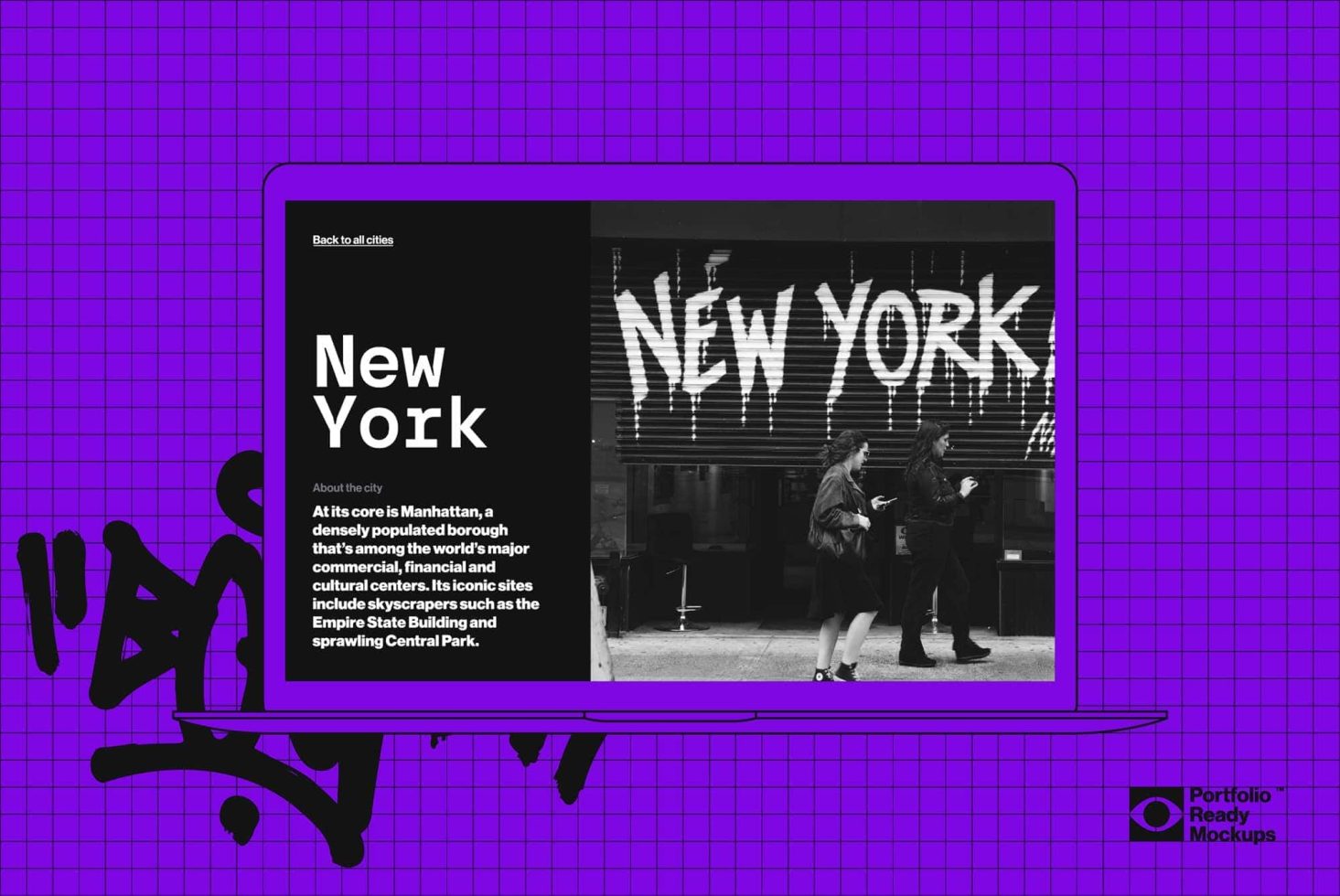 Purple grid background with digital tablet mockup displaying New York text, for use in graphic design presentations.