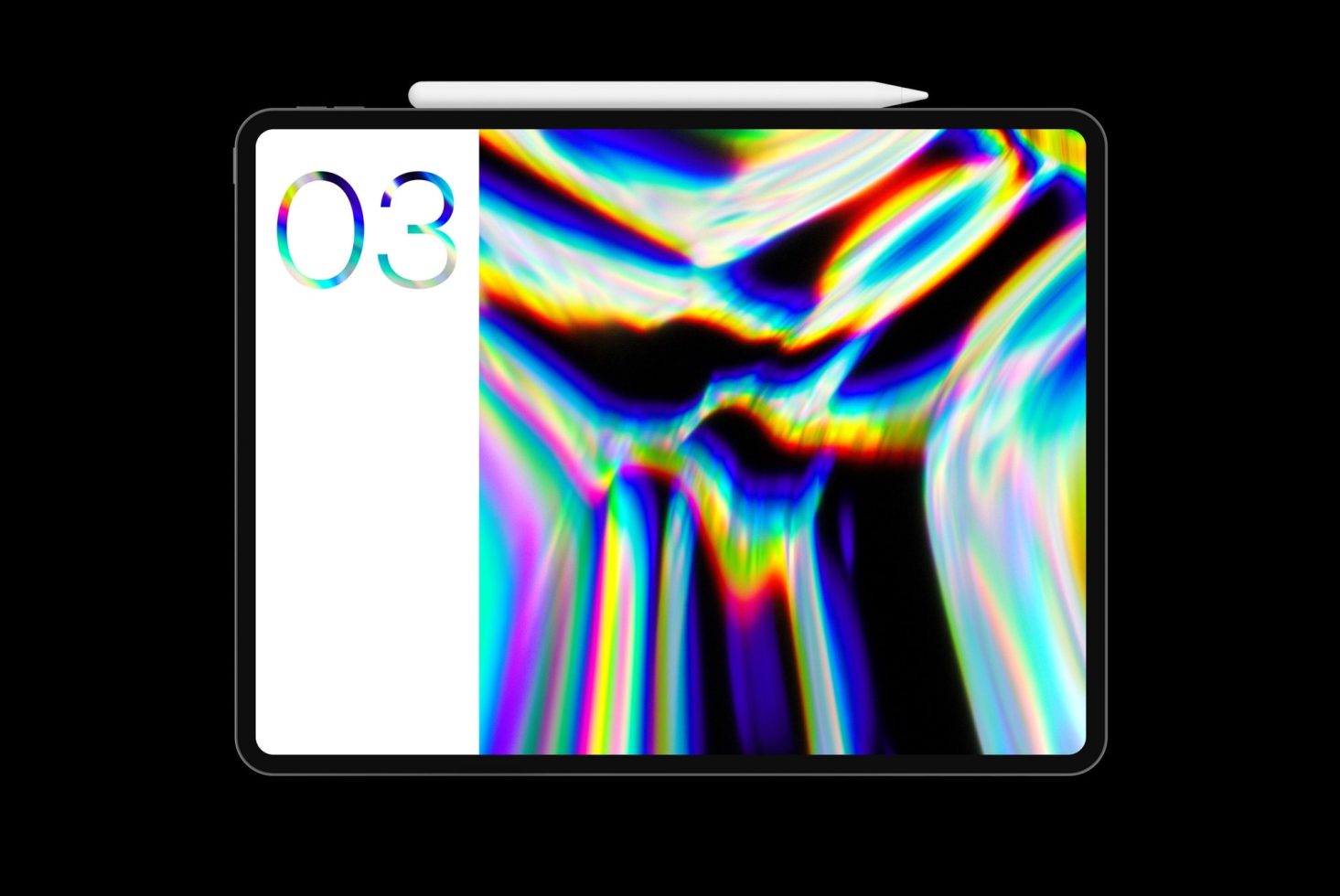 Tablet mockup displaying vibrant abstract rainbow-colored digital art on the screen, suitable for graphic design presentations.