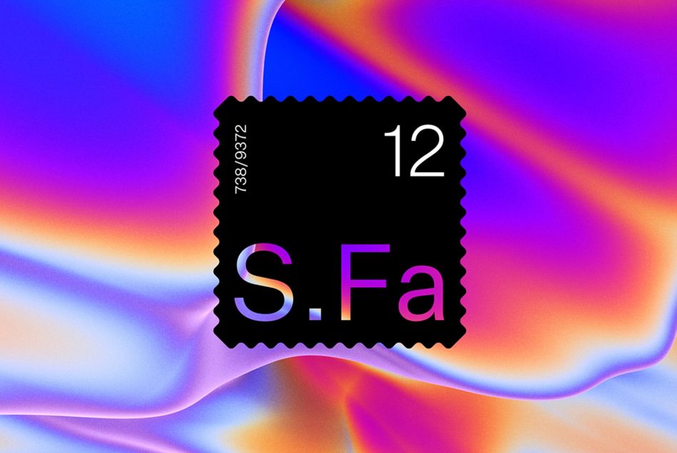 Black stamp badge with S.Fa text in gradient pink to purple on vibrant background