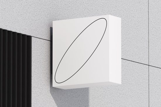 Minimalist white product box packaging mockup against a textured wall with shadow play, ideal for branding and design presentations.