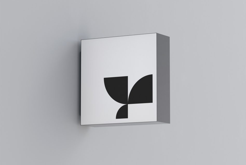 Geometric leaf logo on white box mockup with gray background