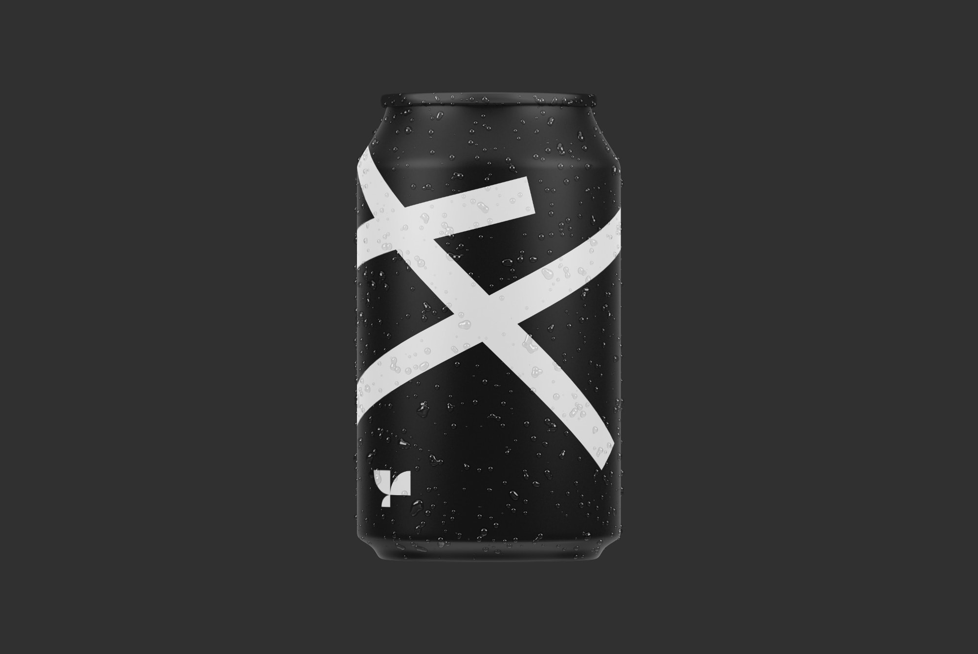 Realistic soda can mockup with black and white design, water droplets, on a dark background, ideal for branding and packaging presentation.
