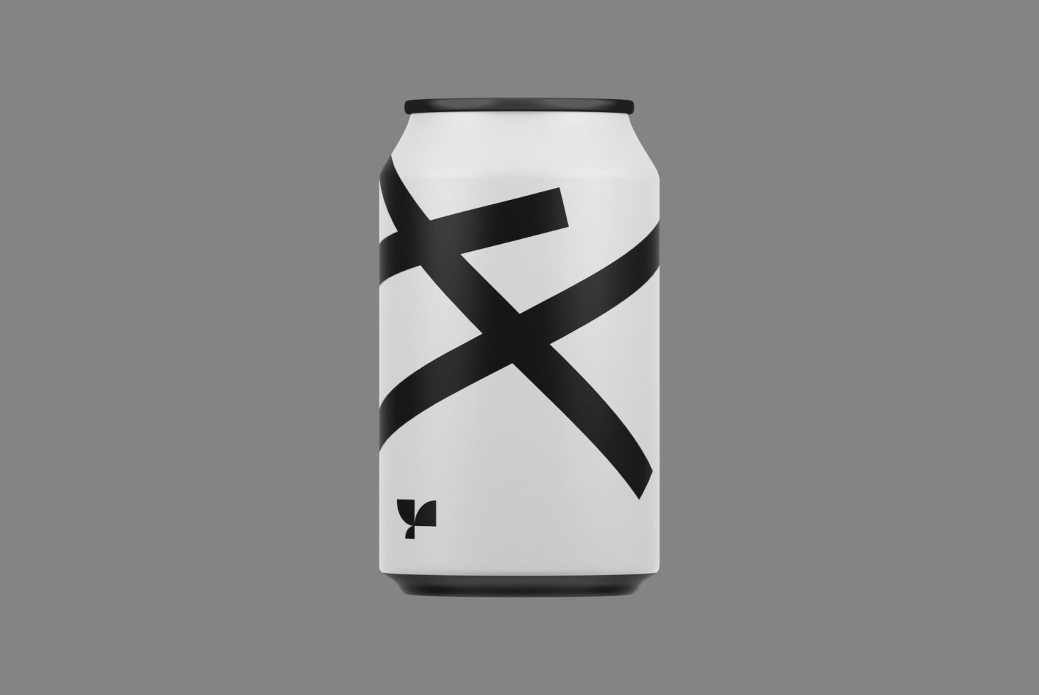 Minimal beverage can mockup with abstract black graphics on a sleek can design, ideal for drink packaging presentations and branding.