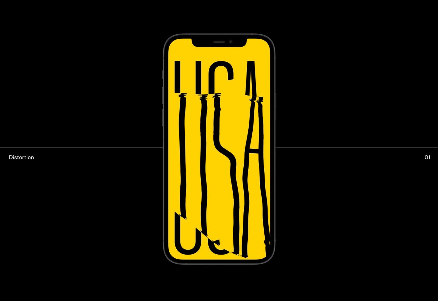 Smartphone screen mockup with a distorted text design in yellow against a black background, showcasing bold graphics for presentation.