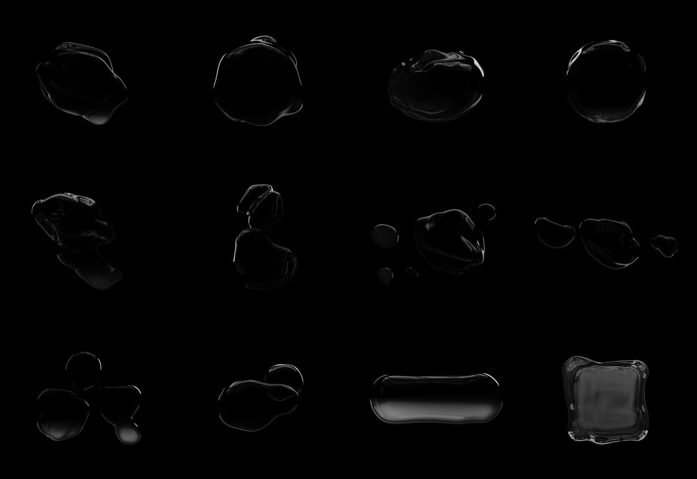 3D black liquid blobs collection isolated on dark background, high-quality render, perfect for graphics and mockups in designs.