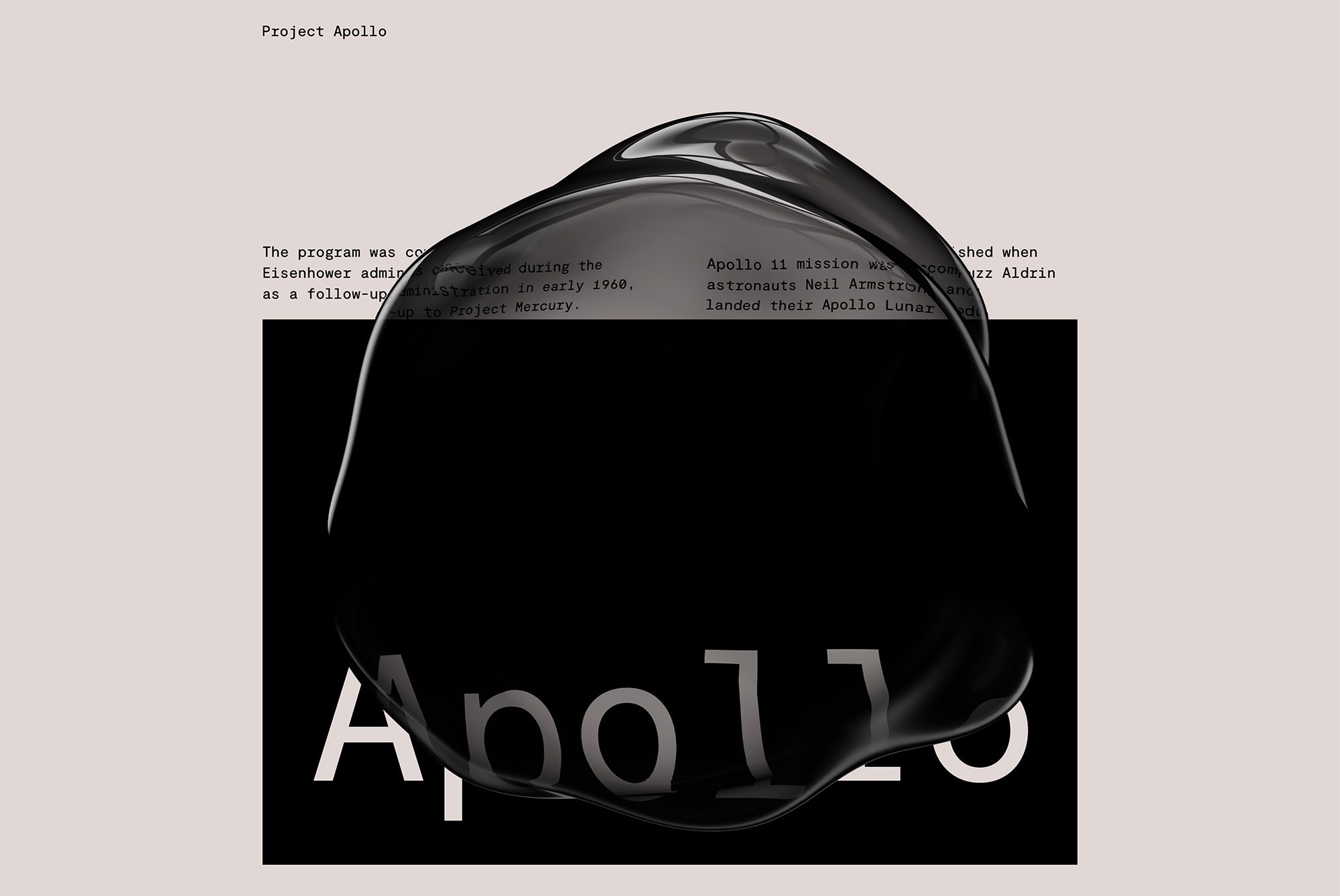 3D render of Apollo space-themed glossy black abstract object with reflection, ideal for Mockups category in a digital design asset marketplace.