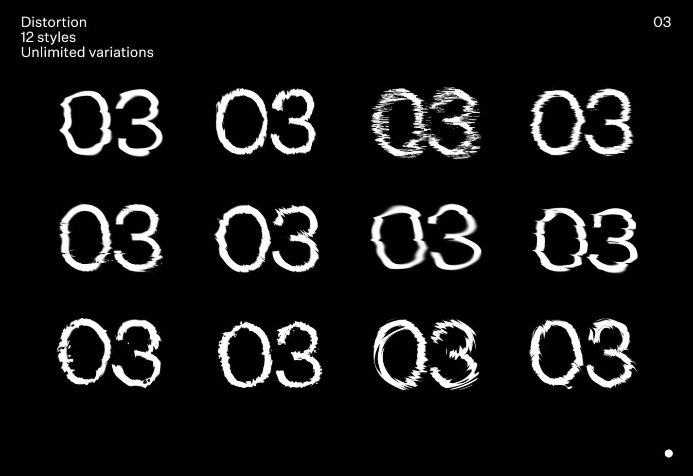 Distorted number 03 in 12 different styles showcasing variety in text effects for font and graphics designers. Perfect for stylish digital projects.