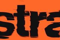 Orange background fragmented by black silhouettes with rough, glitchy horizontal lines