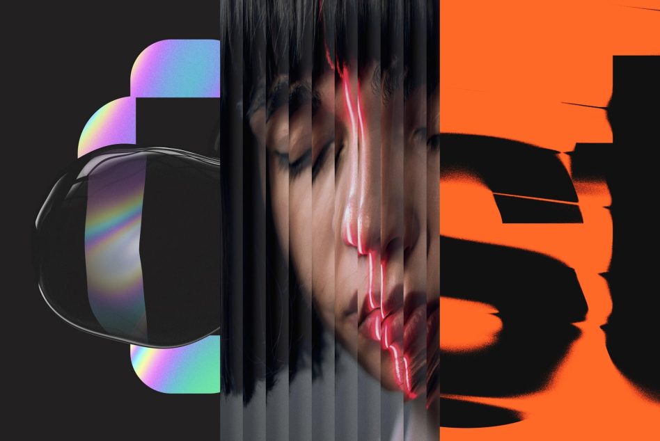 Layered collage mixing rainbow gradient shapes, glitch face, neon lines, solid orange