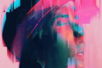 Portrait with neon glitch effect in pink, cyan, teal with scanlines