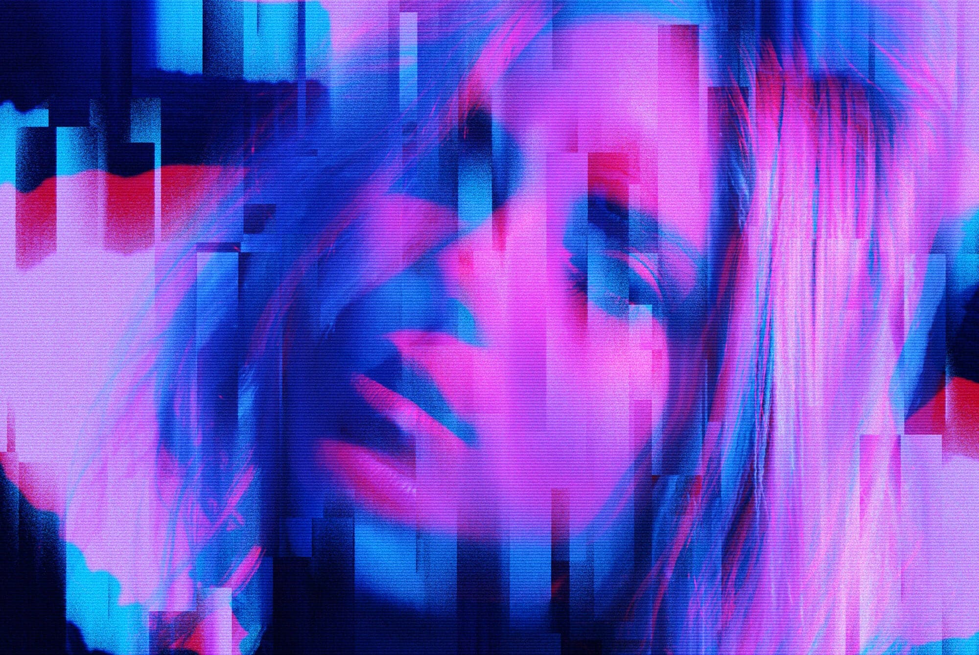 Creative glitch art portrait with abstract digital distortion effect, vibrant colors, suitable for modern graphics or templates.