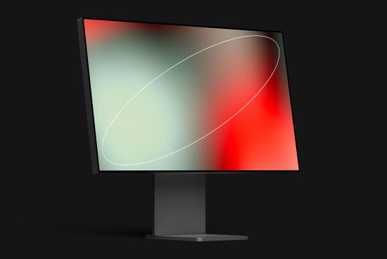 Modern monitor mockup with abstract gradient wallpaper, showcasing design and display quality in a dark setting, ideal for presentations and portfolios.