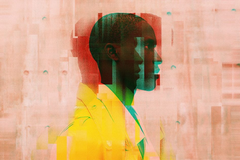 Glitched double exposure portrait of a person in profile, modern digital art template for creative design projects with abstract graphics overlay.