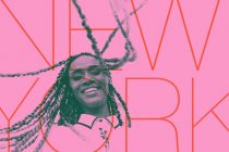 Portrait with dreads overlaid orange geometric shapes on pink