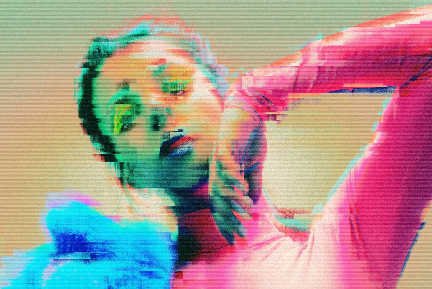 Woman in dynamic pose with glitch effect for graphic design, vibrant digital art ideal for modern templates and mockups.