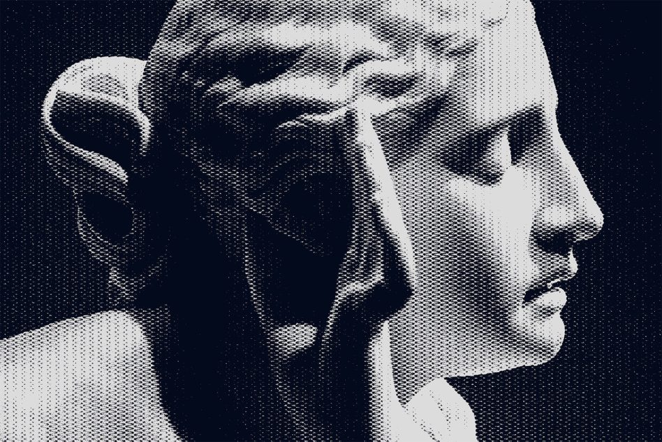 Two male heads in profile dotted texture effect against dark starry background
