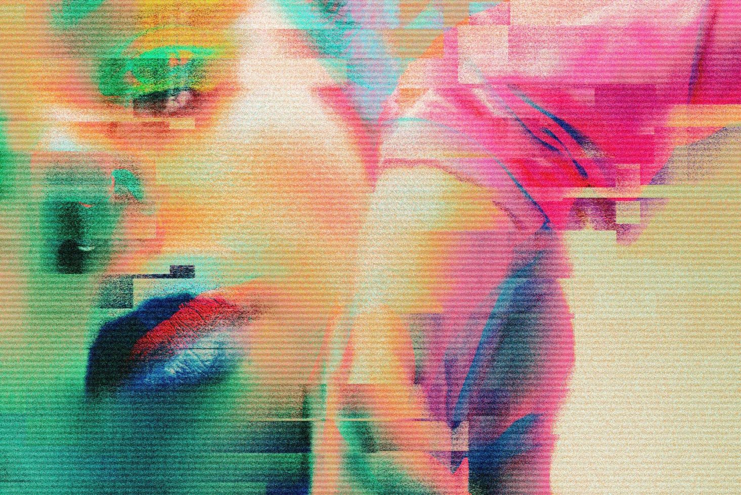 Abstract digital art portrait with vibrant glitch effect, ideal for modern graphic design projects, posters, and creative visuals.