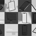 Collection of electronic device mockups including smartphones, tablet, iMac, and monitor in grayscale for design presentations.