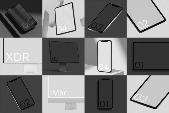 Collection of electronic device mockups including smartphones, tablet, iMac, and monitor in grayscale for design presentations.