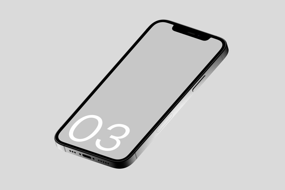 Smartphone mockup on a gray background with blank screen for design presentation, angled view, modern mobile device.