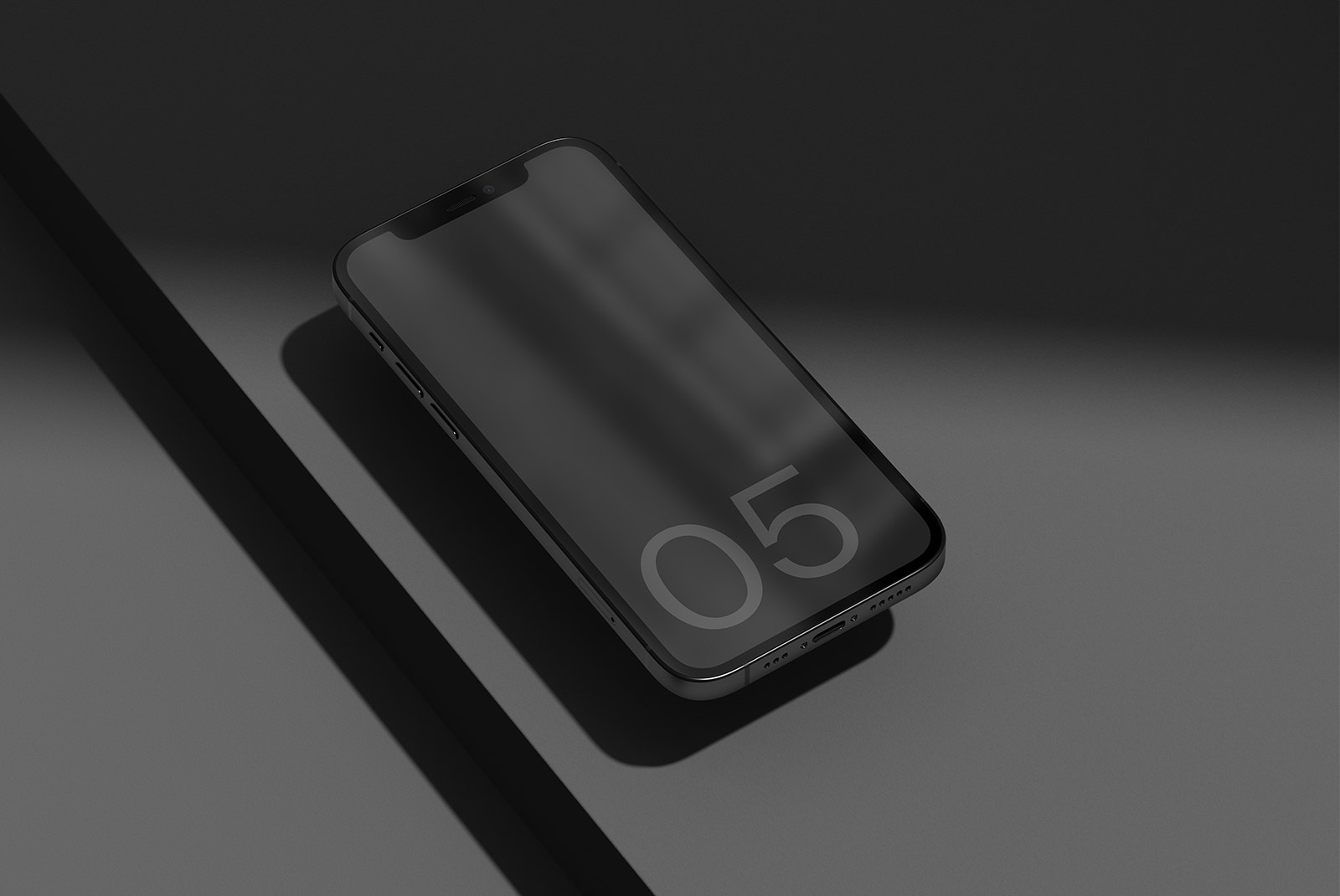 Smartphone mockup on a dark surface with sleek design perfect for presentations and digital asset portfolios for designers.