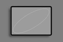 Tablet screen mockup with neutral gray background showing curved line