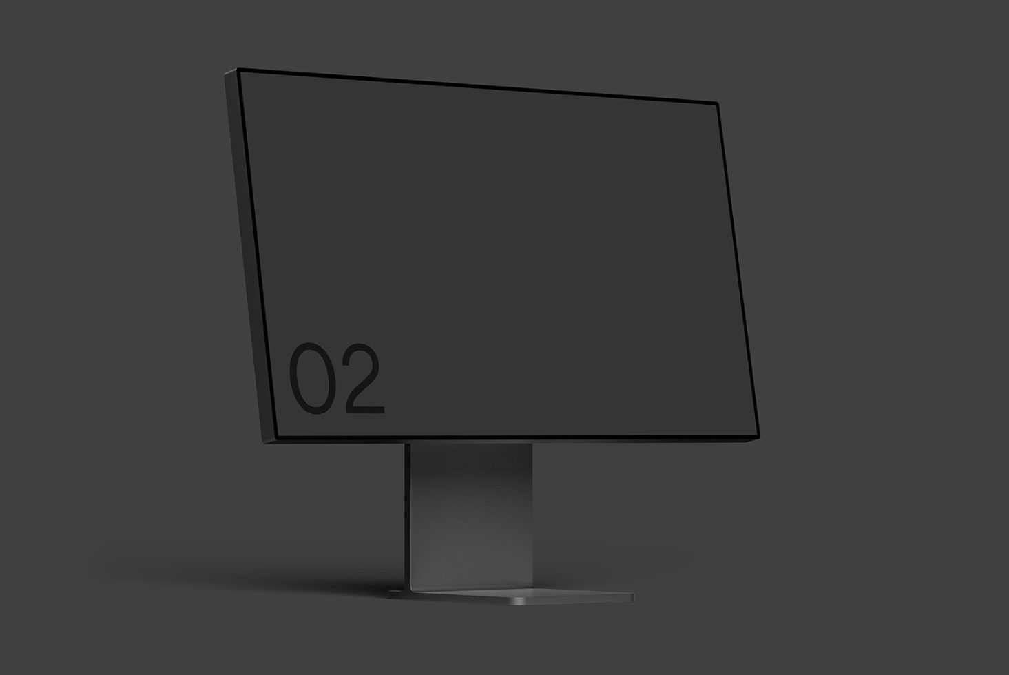 Minimalist black monitor mockup in a dark setting, ideal for sleek UI/UX design presentations, digital product display.