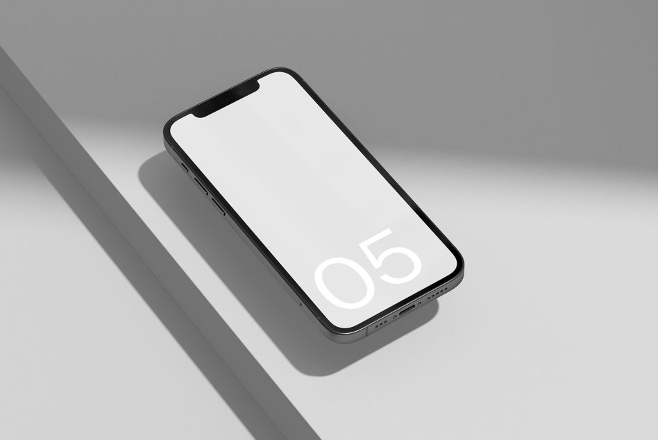 Modern smartphone mockup with blank screen on light background with shadow, ideal for UI/UX design presentation.