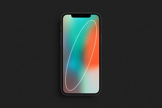 Smartphone mockup on a dark background, showcasing a colorful abstract screen design, ideal for app interface or wallpaper presentation.
