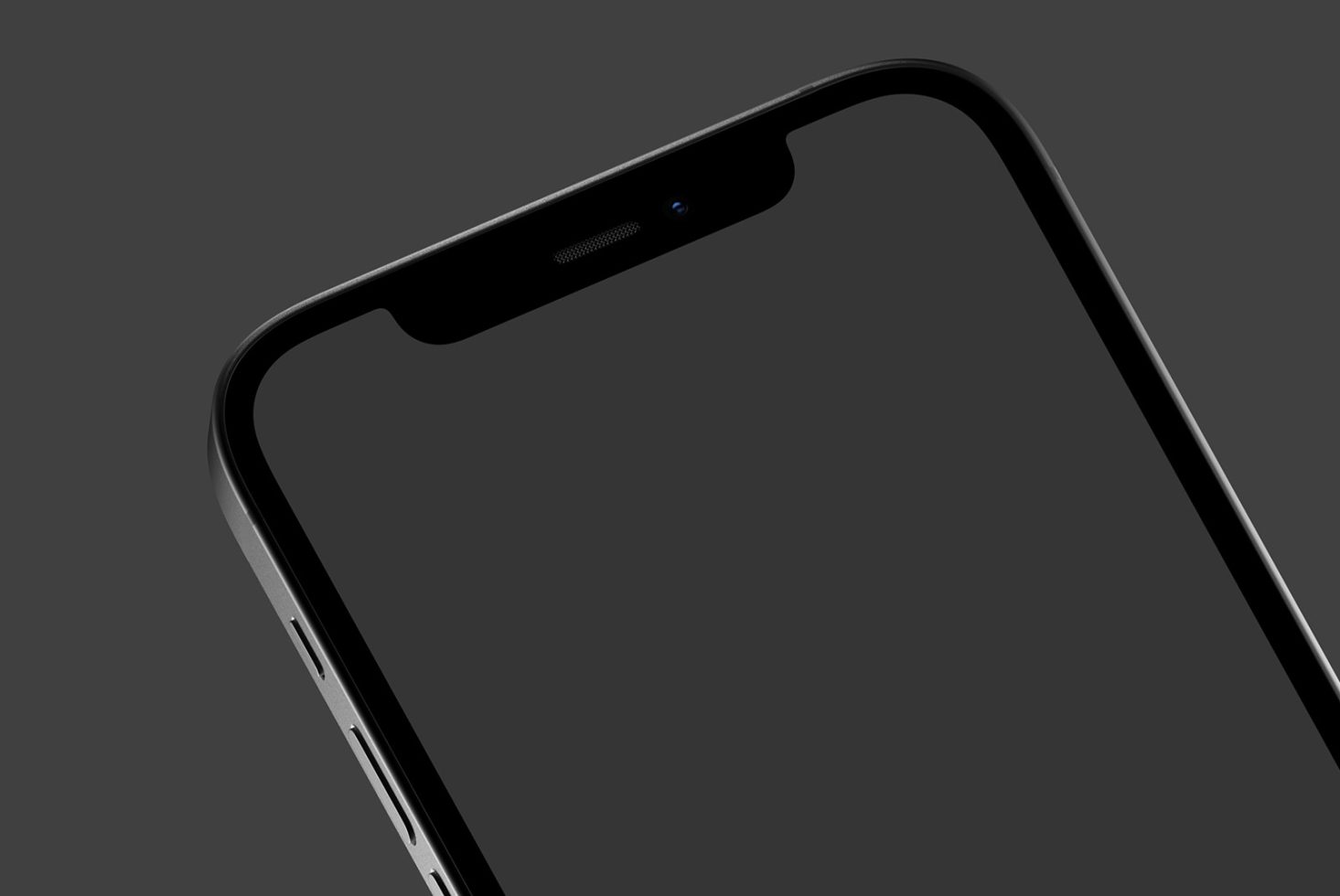 Close-up view of modern smartphone notch for mockup design on a dark background, highlighting screen and front camera.