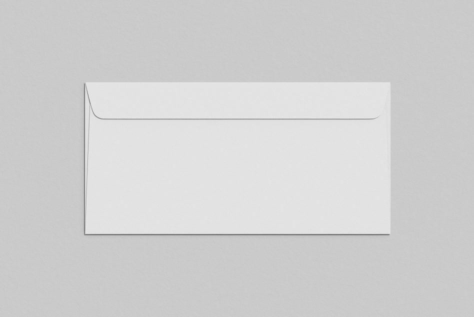White envelope mockup with curved flap detail on neutral background