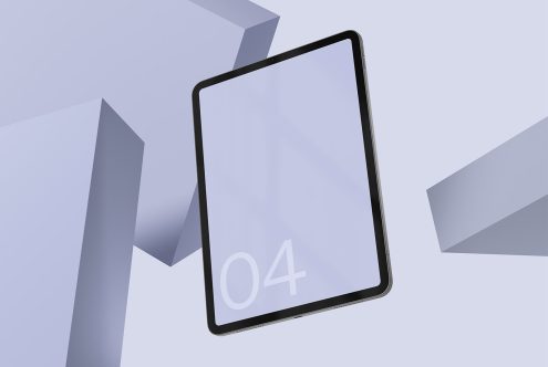 Modern tablet mockup on abstract geometric background for showcasing app designs, digital assets by designers and developers.