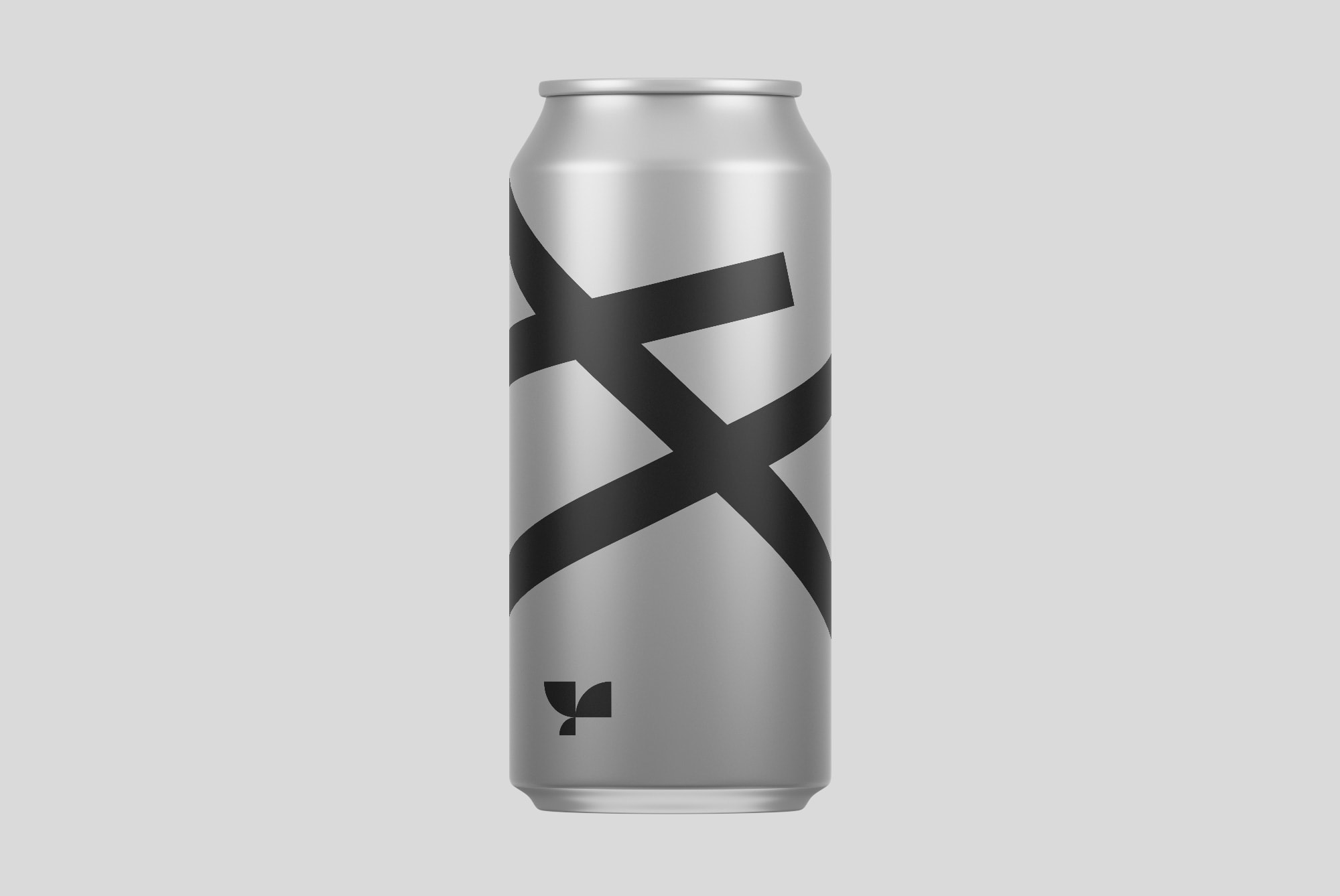 Sleek beverage can mockup with abstract black graphics, ideal for presentations and packaging designs for modern designers.