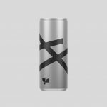 Silver drink can with bold black X pattern design on white background, perfect for product mockups and packaging design visuals.