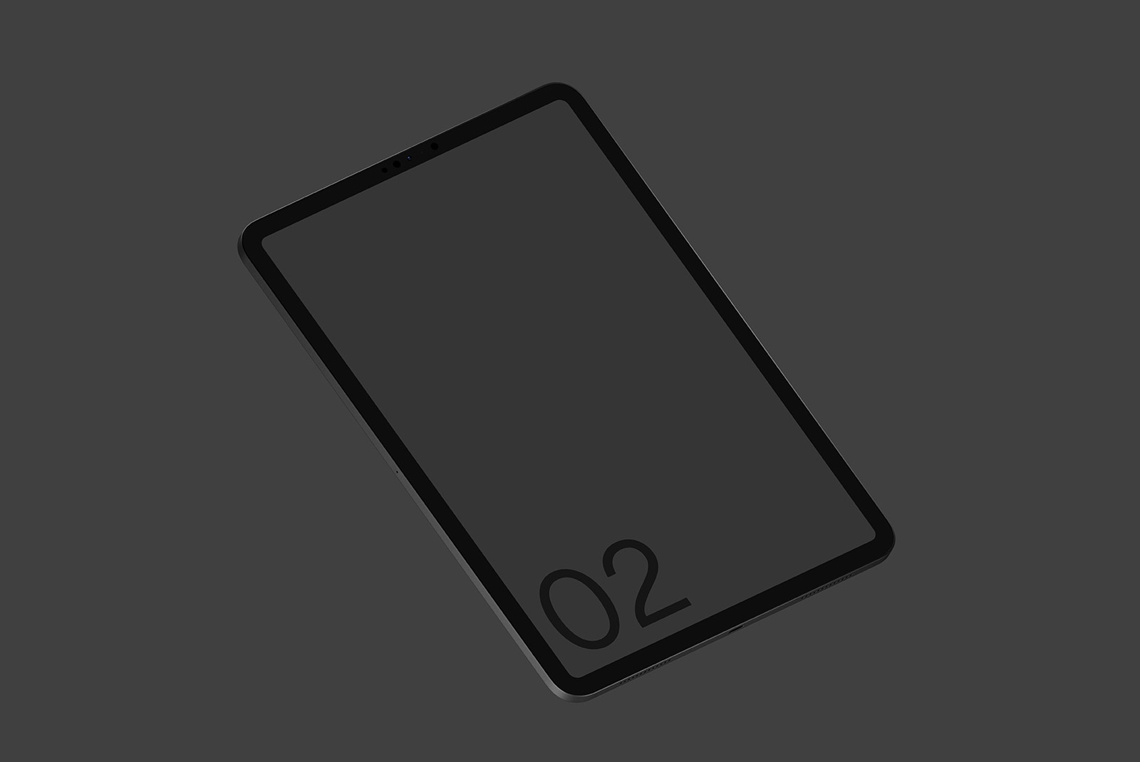 Minimalist tablet mockup with shadows on a dark grey background, ideal for modern UI/UX design presentation and portfolio display.