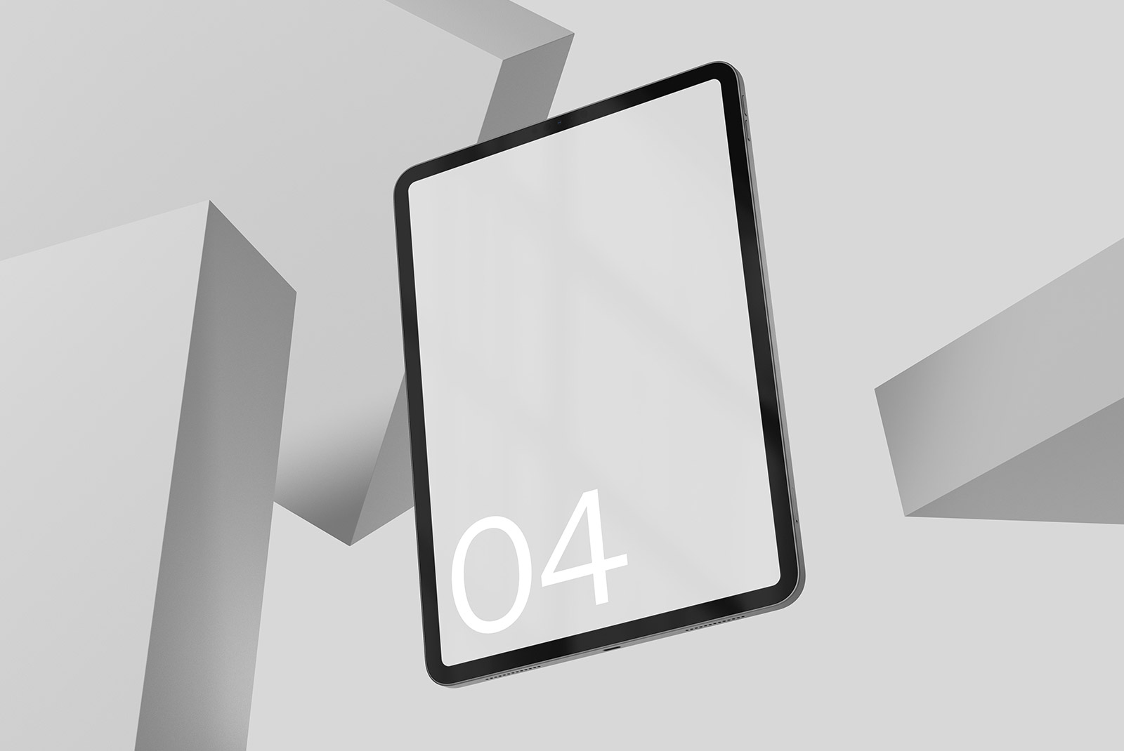 Minimalist tablet mockup with abstract geometric background in grayscale, perfect for presenting UI/UX designs, digital assets for designers.